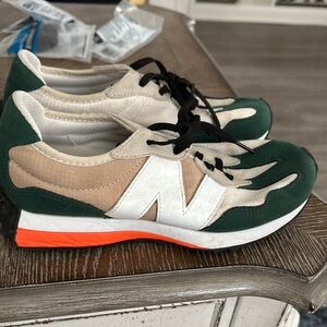 Green and Beige Athletic Sneakers with Orange Accents